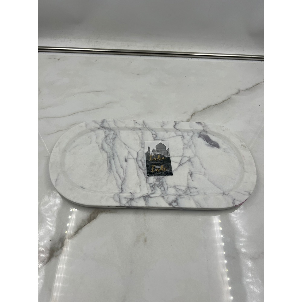 White Marble Oval Decorative Tray Vanity Jewelry Perfume Organizer Made in India